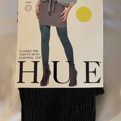 HUE Womens Classic Rib Control Top Tights Size 3 Black New